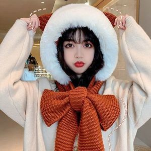 Knit Bow Scarf Hat  with Pom Poms Faux Fur | Winter Crochet Neck Warmer Wrap